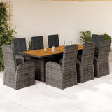 Set da Pranzo da Giardino 9 pz con Cuscini in Polyrattan Grigio