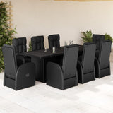 Set da Pranzo da Giardino 9 pz con Cuscini Nero in Polyrattan