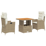 Set da Pranzo da Giardino 3 pz con Cuscini Beige in Polyrattan