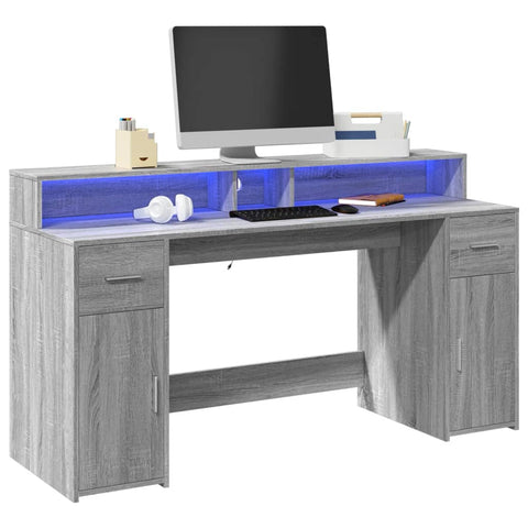 Scrivania con Luci LED Grigio Sonoma 160x55x91cm in truciolato