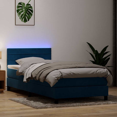 Letto a Molle con Materasso e LED Blu Scuro 90x210 cm Velluto