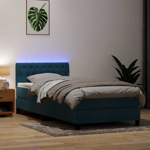 Letto a Molle con Materasso e LED Blu Scuro 90x210 cm Velluto