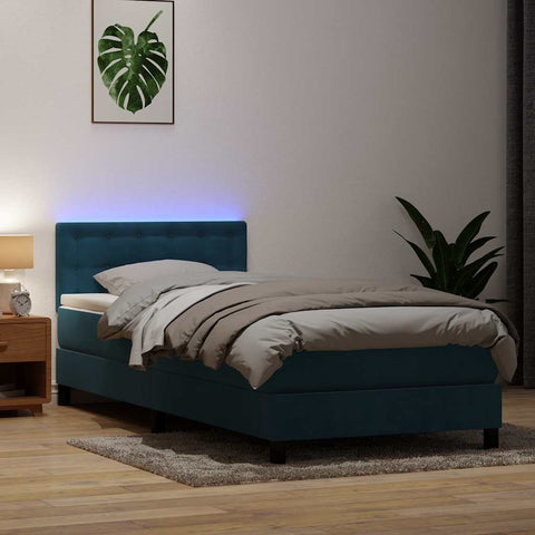 Letto a Molle con Materasso e LED Blu Scuro 90x210 cm Velluto