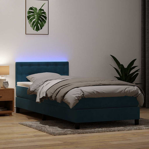 Letto a Molle con Materasso e LED Blu Scuro 80x220 cm Velluto