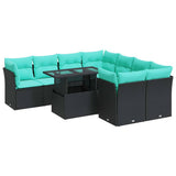 Set Divani da Giardino 9 pz con Cuscini Nero Polyrattan Acacia