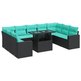 Set Divani Giardino 10pz con Cuscini Nero in Polyrattan Acacia