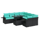 Set Divani Giardino 9 pz con Cuscini Nero Polyrattan Acacia