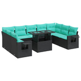 Set Divani Giardino 10pz con Cuscini Nero in Polyrattan Acacia