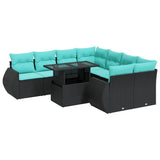 Set Divani da Giardino 9 pz con Cuscini Nero Polyrattan Acacia