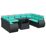 Set Divani Giardino 10pz con Cuscini Nero in Polyrattan Acacia