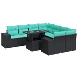 Set Divani da Giardino 9 pz con Cuscini Nero Polyrattan Acacia