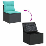 Set Divani da Giardino 9 pz con Cuscini Nero Polyrattan Acacia