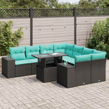 Set Divani da Giardino 9 pz con Cuscini Nero Polyrattan Acacia
