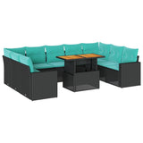 Set Divani da Giardino 10pz con Cuscini in Polyrattan Nero