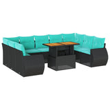 Set Divani da Giardino 10pz con Cuscini in Polyrattan Nero