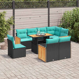 Set Divani da Giardino 9 pz con Cuscini Nero Polyrattan Acacia
