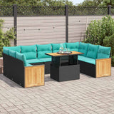 Set Divani Giardino 10pz con Cuscini Nero in Polyrattan Acacia