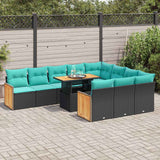 Set Divani da Giardino 11 pz con Cuscini Polyrattan Acacia Nero
