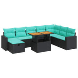 Set Divani da Giardino 9 pz con Cuscini Nero Polyrattan Acacia