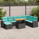 Set Divani da Giardino 9 pz con Cuscini Nero Polyrattan Acacia