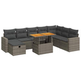 Set Divano da Giardino 9pz con Cuscini Grigio Polyrattan Acacia
