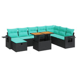 Set Divani da Giardino 9 pz con Cuscini Nero Polyrattan Acacia