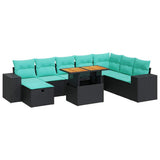 Set Divani da Giardino 9 pz con Cuscini Nero Polyrattan Acacia