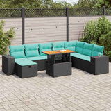Set Divani da Giardino 9 pz con Cuscini Nero Polyrattan Acacia