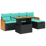 Set Divano da Giardino 6 pz con Cuscini Nero Polyrattan Acacia