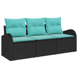 Set Divano da Giardino 3 pcs Nero e turchese Poly Rattan
