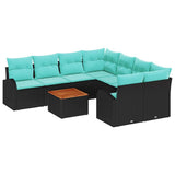 Set Divano da Giardino 9 pcs Nero e Turchese polyrattan