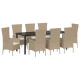 Set da Pranzo per Giardino con cuscino 9 pcs Beige polyrattan