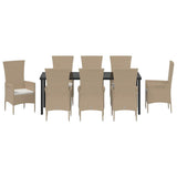 Set da Pranzo per Giardino con cuscino 9 pcs Beige polyrattan