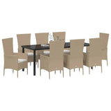 Set da Pranzo per Giardino con cuscino 9 pcs Beige polyrattan