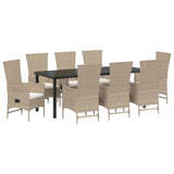 Set da Pranzo per Giardino con cuscino 9 pcs Beige polyrattan