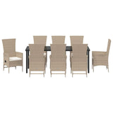 Set da Pranzo per Giardino con cuscino 9 pcs Beige polyrattan