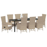 Set da Pranzo per Giardino con cuscino 9 pcs Beige polyrattan
