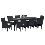 Set da Pranzo per Giardino con cuscino 9 pcs Nero polyrattan
