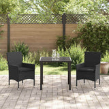 Set da Pranzo per Giardino con cuscino 3 pcs Nero polyrattan
