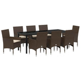 Set da Pranzo per Giardino con cuscino 9 pcs Marrone polyrattan