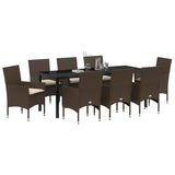 Set da Pranzo per Giardino con cuscino 9 pcs Marrone polyrattan