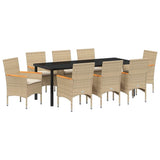 Set da Pranzo per Giardino con cuscino 9 pcs Beige polyrattan