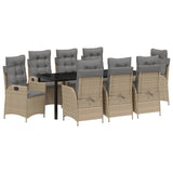 Set da Pranzo per Giardino con cuscino 9 pcs Beige polyrattan