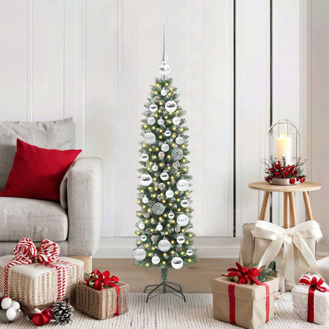 Albero di Natale Artificiale Sottile Verde e Bianco 120 cm