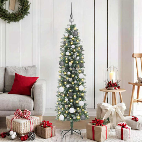 Albero di Natale Artificiale Sottile Verde e Bianco 150 cm