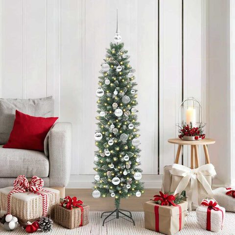 Albero di Natale Artificiale Sottile Verde e Bianco 150 cm