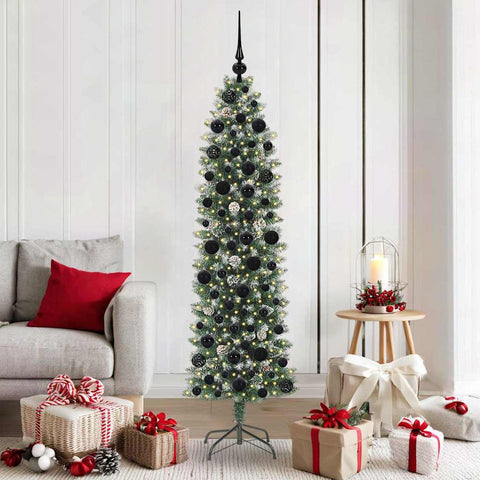 Albero di Natale Artificiale Sottile Verde e Bianco 180 cm