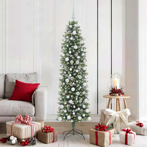 Albero di Natale Artificiale Sottile Verde e Bianco 180 cm