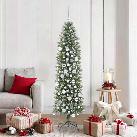 Albero di Natale Artificiale Sottile Verde e Bianco 180 cm