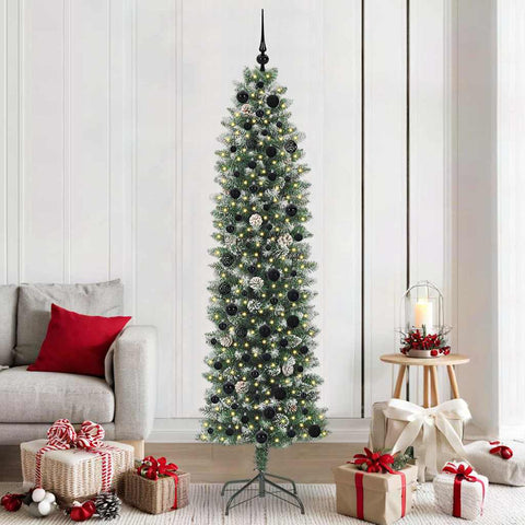 Albero di Natale Artificiale Sottile Verde e Bianco 210 cm